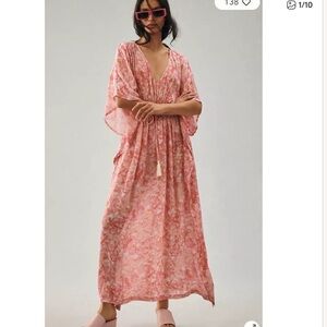 Anthropolgie Rujuta Sheth Pink Floral Marie Cinched Kaftan Dress One Size